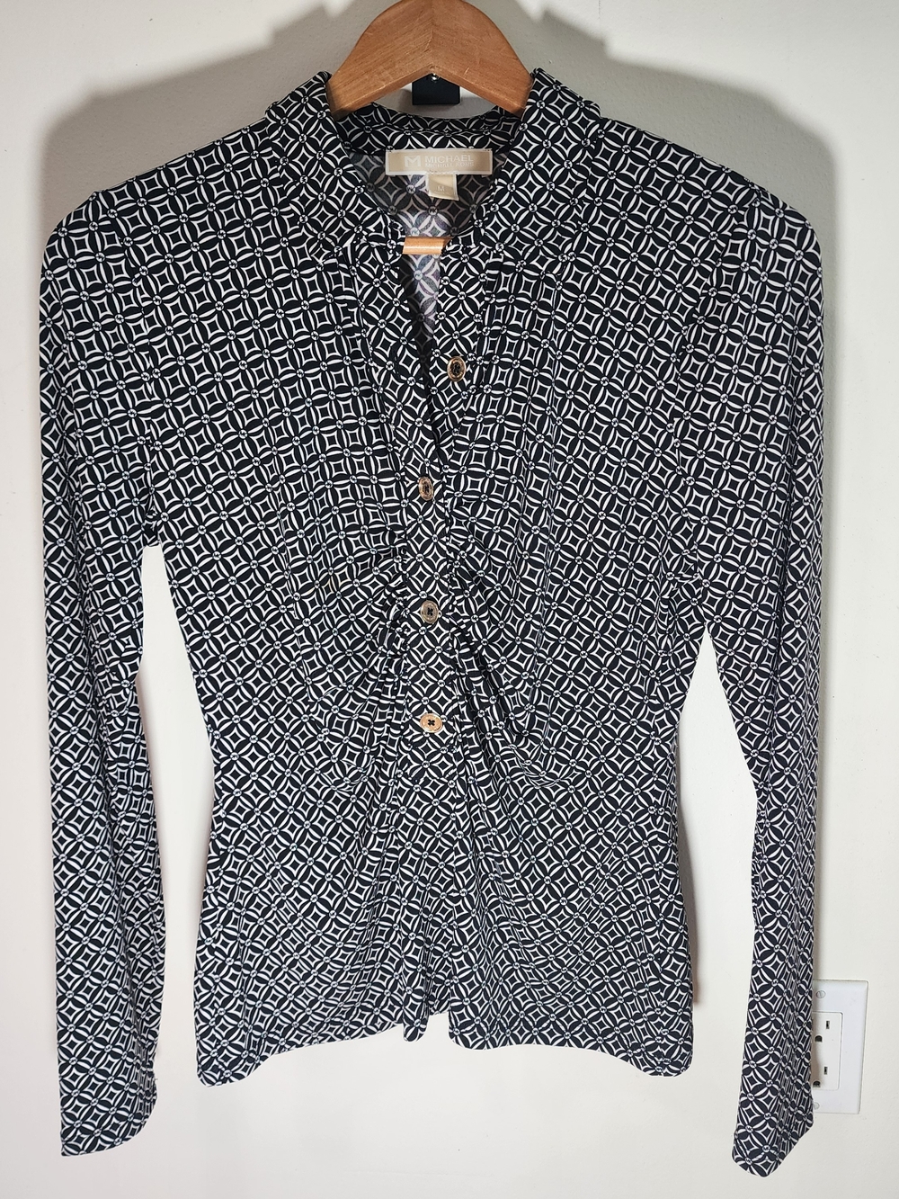 Michael Kors Black White Geometric Print Ruched Blouse Size M NWOT
